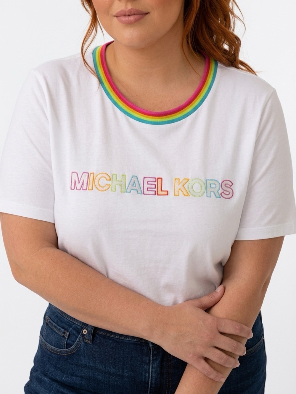 Michael Kors White Tee with Rainbow Trim and Embroidered Logo